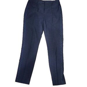 T Tahari women's High Rise navy trouser pants with Embroidery down side seams, 6